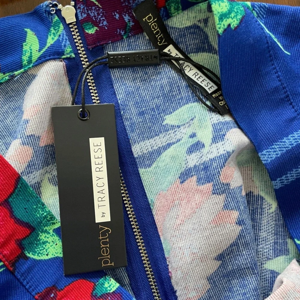 Plenty by Tracy Reese Full Circle Skirt Blue Red Windowpane Floral Midi 12 ‎ NWT